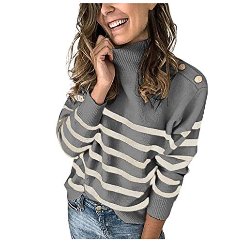 Satiable Damen Rollkragen Pullover Casual Langarm Gestreifte Gestrickter Pullover Im Herbst und Winter Warm Halten Winterpullover Mit Knöpfen Farbblock Strickpullover Oberteile Pull von Satiable