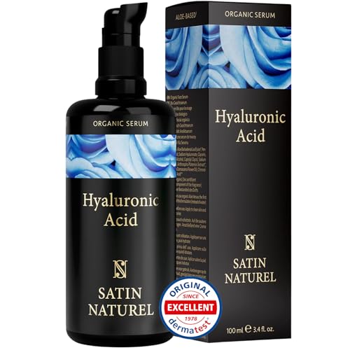 Hyaluron Serum hochdosiert 100ml - Hyaluronsäure Serum Gesicht - Vegan - Gesichtspflege Männer und Frauen - Anti Aging Hyaluronic Acid Gesichtsserum mit Bio Aloe Vera, Augenserum - Satin Naturel von SatinNaturel