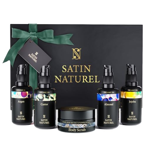 Geschenke für Frauen - Verwöhnendes Geschenkset Frauen mit BIO Arganöl + Rizinusöl + Mandelöl + Jojobaöl + Body Scrub aus Totes Meer Salz – Geburtstagsgeschenke für Frauen Kosmetik - Skincare Set von SatinNaturel