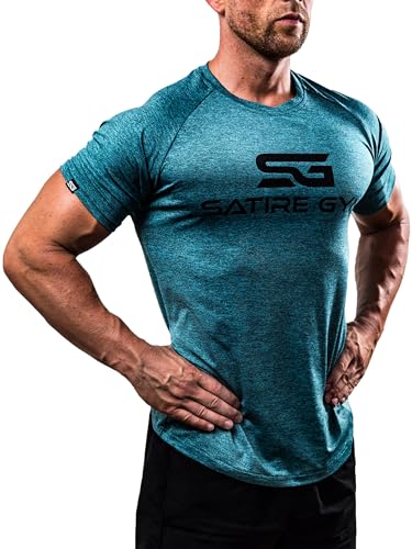 Satire Gym® - Fitness Slim Fit T-Shirt Herren/Funktionelles & schnell trocknendes Sportshirt Herren Kurzarm – Herren Fitness Shirt als Bodybuilding Shirt & Workout Gym Shirt (XXL, Petrol meliert) von Satire Gym