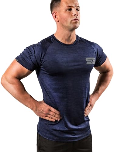 Satire Gym® - Fitness Slim Fit T-Shirt Herren - Funktionelles & schnell trocknendes Sportshirt Herren Kurzarm – Herren Fitness Shirt als Bodybuilding Shirt & Workout Gym Shirt (L, Navy Blue meliert) von Satire Gym