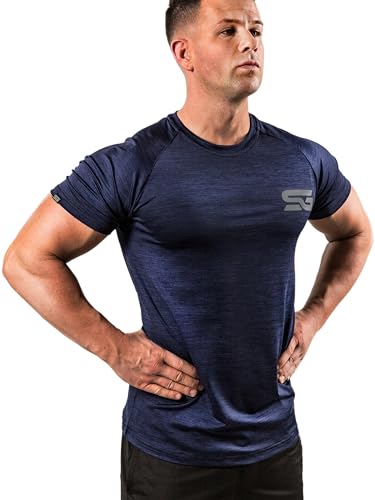 Satire Gym® - Fitness Slim Fit T-Shirt Herren - Funktionelles & schnell trocknendes Sportshirt Herren Kurzarm – Herren Fitness Shirt als Bodybuilding Shirt & Workout Gym Shirt (XXL, Navy Blue meliert) von Satire Gym