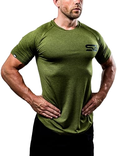 Satire Gym® - Fitness Slim Fit T-Shirt Herren/Funktionelles & schnell trocknendes Sportshirt Herren Kurzarm – Herren Fitness Shirt als Bodybuilding Shirt & Workout Gym Shirt (XXL, olivgrün meliert) von Satire Gym