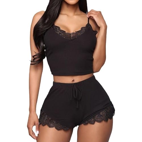 Satohom Damen Sexy Spitzen Pyjama-Set V-Ausschnitt Cami Top Schlafanzug Unterwäsche Trägerloser Sling Tanktop und Shorts, Crop Top und High Waist Stretchhose Babydoll Bodysuit Nachtwäsche für Frauen Satohom Damen Sexy Spitzen Pyjama-Set V-Ausschnitt Cami Top Schlafanzug Unterwäsche Trägerloser Sling Tanktop und Shorts, Crop Top und High Waist Stretchhose Babydoll Bodysuit Nachtwäsche für Frauen von Satohom