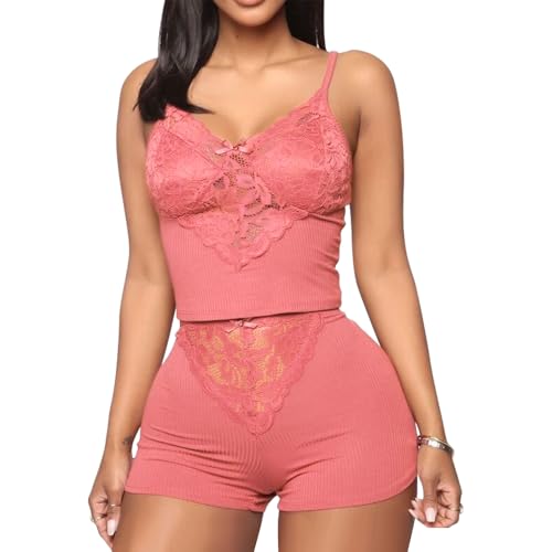 Satohom Damen Sexy Y2k Pyjama Set Spitze Schlafanzug V-Ausschnitt Hausanzug 2 Teilig mit Push Up Camisole Top und Shorts Slim Nachtwäsche Sommer Kurz Curvy Negilgee Volltonfarbe Loungwear Satohom Damen Sexy Y2k Pyjama Set Spitze Schlafanzug V-Ausschnitt Hausanzug 2 Teilig mit Push Up Camisole Top und Shorts Slim Nachtwäsche Sommer Kurz Curvy Negilgee Volltonfarbe Loungwear von Satohom