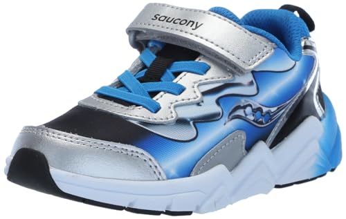 Saucony Unisex-Kinder Wind Alternativer Verschluss Laufschuh, Schwarz, Blau, Chrom, 1.5 US Wide Little Kid von Saucony