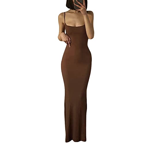 Damen Spaghettiträger, lässiges Maxikleid, ärmellos, Cami-Kleid, Party, Club, figurbetontes Kleid, Ein Braun, Klein von Sawden