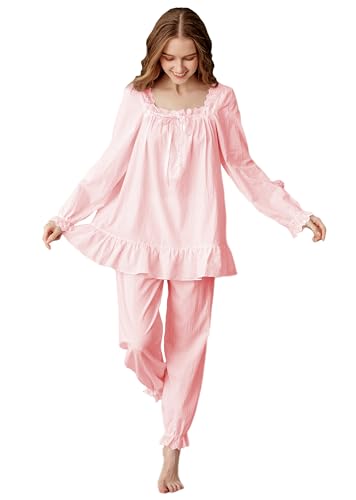 Elegant Damen Schlafanzüge Set Pyjama Set Baumwolle Zweiteilige Nachtwäsche Schlafanzug Lang Nachtwäsche Sleepwear Pyjamas Hausanzug (DE/NL/SE/PL, Alphanumerisch, L, Regular, Regular, Rosa) von Sawekin