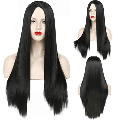 Sawekin Halloween Perücke Schwarz Lange Gerade Halloween Kostüm Perücken Cosplay Schwarze Perücke Wig für Halloween Kostümparty Karneval von Sawekin