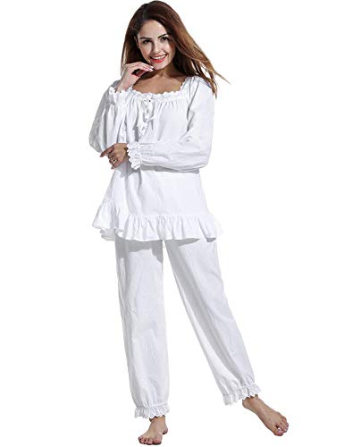 Womens Pajamas Set Cotton Vintage Victorian White Long Sleeve Pajama Set Nightgown Sleepwear, weiß, S von Sawekin