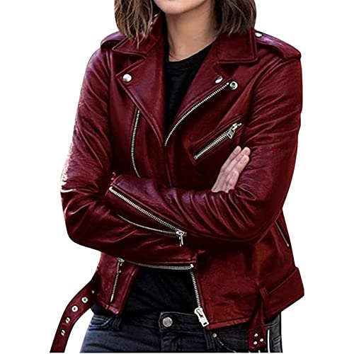 Damen Retro Lederblusen Kunstlederjacke Vintage Kurze Lederjacke PU Bikerjacke, Lederimitat Bomberjacke Motorradjacke Revers mit Reißverschluss Übergangjacke (Color : Red, Size : XXL) von Sawmew