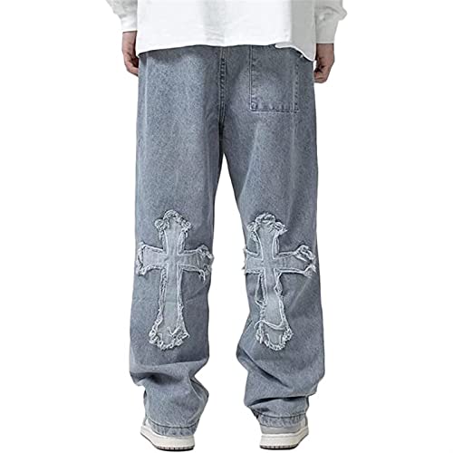 Sawmew Baggy Jeans Bedruckt Herren Jeans Men Hip Hop Jeans Baggy Jeanshose Teenager Jungen Bein Jeans Skateboard Hose Streetwear (Color : Blue, Size : XL) von Sawmew