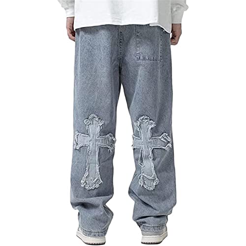 Sawmew Baggy Jeans Herren Hip Hop Jeanshose Y2k Straight Jeans Teenager Jungen Skateboard Hose Streetwear (Color : Blue, Size : M) von Sawmew