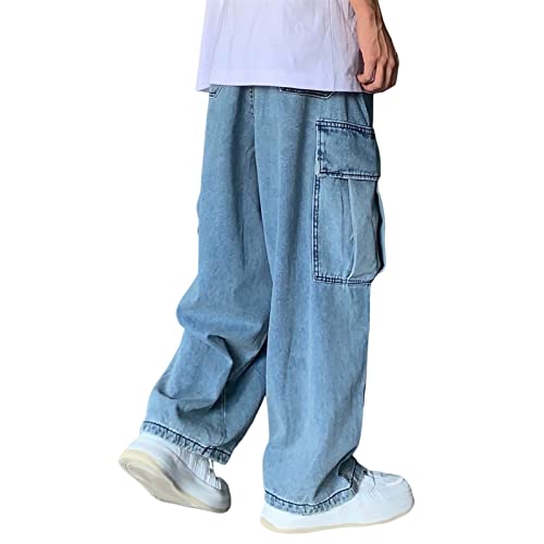 Sawmew Baggy Jeans Y2k Männer Boyfriend Baggy Jeans Hip Hop Jeans Jungen Mädchen Harajuku Streetwear Hosen Lose Jeans Bootcut Jeans Knopfjeans Ästhetische Hosen (Color : Blue, Size : S) von Sawmew