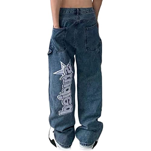 Sawmew Bedruckte Baggy Jeans für Herren Hip-Hop Jeans Y2K Straight Jeans Washed Denim Pants Vintage Jean Pants Skateboard Pants Teen Boy Streetwear (Color : Blue, Size : M) von Sawmew