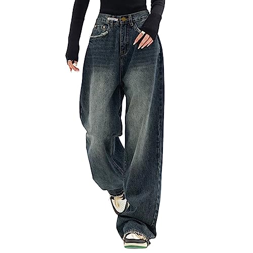 Sawmew Damen High Waist Jeans Y2K E-Girl Frauen Jeanshosen Gradient Baggy Jeans Vintage Wide Leg Jeans Schlaghose 90er Jahre (Color : Blue, Size : S) von Sawmew