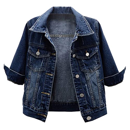 Sawmew Damen Jeansjacke Reverskragen Kurz Lässige Jeansjacke mit Knöpfen Stretchjacke Sommer Frühlingsmantel Leichte Jeansjacke Mantel Outwear (Color : Navy blue, Size : M) von Sawmew