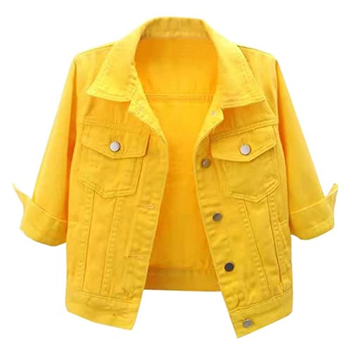 Sawmew Damen Jeansjacke Reverskragen Kurz Lässige Jeansjacke mit Knöpfen Stretchjacke Sommer Frühlingsmantel Leichte Jeansjacke Mantel Outwear (Color : Yellow, Size : L) von Sawmew