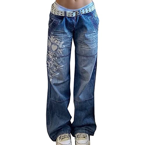 Sawmew Damen Low Waist Wide Leg Jeans Vintage Print Baggy Hose Y2k Distressed Straight Denim Pants Slim Flare Jean e Girl Streetwear (Color : Blue, Size : S) von Sawmew