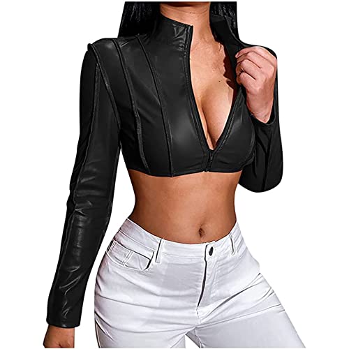 Sawmew Lederjacke Damen PU Jacke Kunstleder Slim Fit Stehkragen Motorradjacke Mit Reißverschluss Bikerjacke Kurzmantel Kurz Jacke Übergangsjacke Damen Sexy Langarm Outerwear von Sawmew