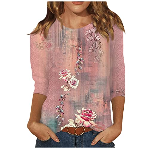 Bluse Damen Elegant Damen T-Shirt 3/4 Arm Oberteile Tops Bunte Blumenmuster Druck Shirt Lose Rundhals Sommershirts Mode Damenblusen Langarm Blumen Bluse Tshirt von Saymany