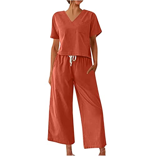 Damen Leinen Zweiteiler Outfit Sommer Hose und T-Shirt 2 Teiler Anzug Casual Einfarbig Hosenanzug Freizeitanzug Set Einfarbige Leinenanzug Sportanzug Sommer Leicht Loungewear Set Streatwear von Saymany