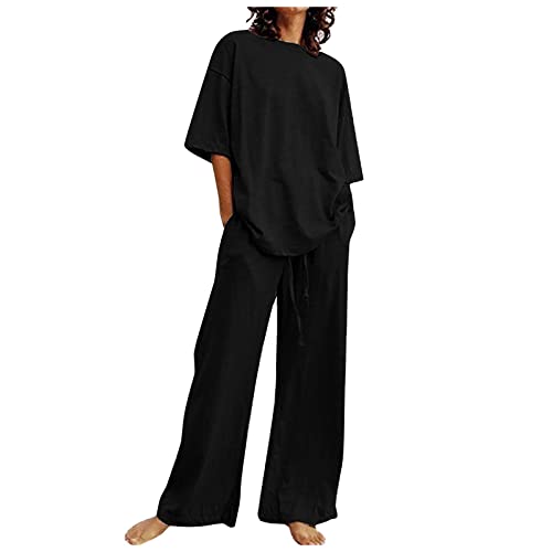 Damen Leinen Zweiteiler Outfit Sommer Hose und T-Shirt 2 Teiler Anzug Casual Einfarbig Hosenanzug Freizeitanzug Set Einfarbige Leinenanzug Sportanzug Sommer Leicht Loungewear Set Streatwear von Saymany