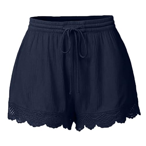 Damen Sommerhose Spitzenrand Shorts Lounge Luftige Shorts Damen Baumwolle Sommerhose Damen Leicht High Waist Running Shorts Elegant Strandshorts Damen Baumwolle Hose Damen Sommer(3-Dark Blue,XXL) von Saymany