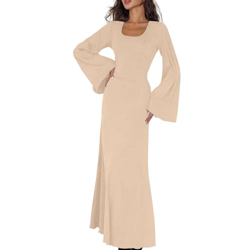 Elegante Kleider Damen Boho Kleid Damen Weihnachtskleider Damen Winterkleid Damen Abendkleid Damen Herbst Kleid Blusenkleid Damen Langarm Abendkleid Langarm Kleider Herbst Damen(Beige,XL) von Saymany