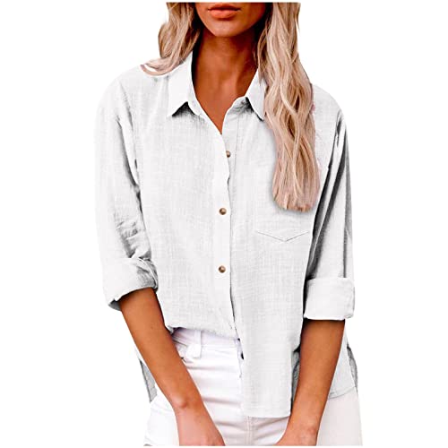 Hemd Damen Oberteile Baumwolle Leinen Revers Kragen Langarmshirt Casual Bluse Langarm Button-Down Hemdbluse Business Hemd Oberteile Button-Down Blusen Casual Hemdbluse Basic Tunika Hemd von Saymany