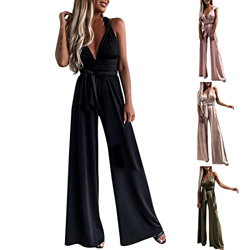 Jumpsuit Damen,Elegant Tiefer V-Ausschnitt Cocktail Party Overalls Sexy Kreuz Rückenfrei Hosenanzug Playsuit Romper Armellos Einteiler Einfarbig Strampler Jumpsuit Damen Elegant für Hochzeit von Saymany