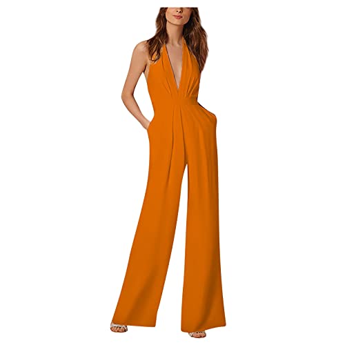 Jumpsuit Damen Halfter Overall Tiefer V-Ausschnitt Armellos Romper Einteiler Elegant Lang Hosenanzug Rückenfreie Playsuit Einfarbig Strampler Hosenanzug Arbeit Jumpsuits von Saymany