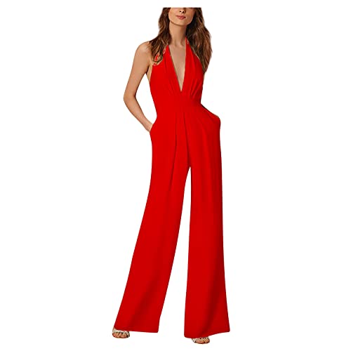 Jumpsuit Damen Halfter Overall Tiefer V-Ausschnitt Armellos Romper Einteiler Elegant Lang Hosenanzug Rückenfreie Playsuit Einfarbig Strampler Hosenanzug Arbeit Jumpsuits von Saymany