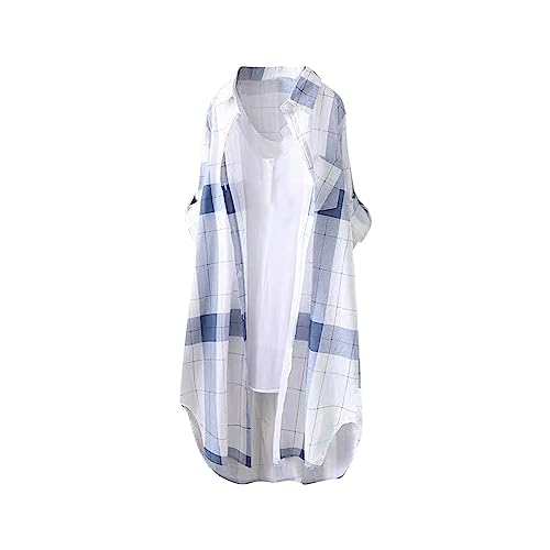 Karierte Bluse Damen Oversize Langarm Shirt Lang Knopfleiste Hemd Lose Frühling Sommershirt Blusenshirt Oberteile Tunika Große Größen Tops T-Shirts & Blusen für Frauen Übergröße Longbluse von Saymany