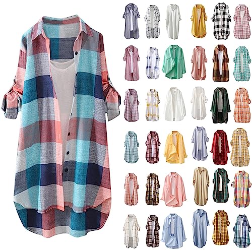 Karierte Bluse Damen Oversize Langarm Shirt Lang Knopfleiste Hemd Lose Frühling Sommershirt Blusenshirt Oberteile Tunika Große Größen Tops T-Shirts & Blusen für Frauen Übergröße Longbluse von Saymany