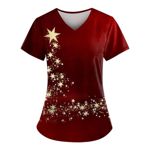 Kasack Damen, Weihnachten Medizinische Berufsbekleidung Pflege Kleidung Damen Kasaks Altenpflege Damen, Weinachtspullies Halloween Kasacks Weihnachts Shirt Frauen Arbeitskittel Damen（3-Wine,XXL von Saymany