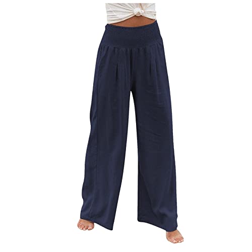 Leinenhose Damen,Leichte Sommerhose, Damen Sommer Lang Weites Bein Sommerhose High Waist Bequem Luftig Leinen Freizeithose Leicht Elegant Locker Schlupfhose Stoffhose Palazzo Hose Wickelhose von Saymany