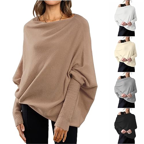 Pullover Damen Herbst Fledermausärmel Strickpullover Pullover Einfarbige Langarm Rundhals Oberteil Top Lockerer Strickpullover Knitted Basic Stretch Sweater Langarm Elegant Pulli Oberteile von Saymany