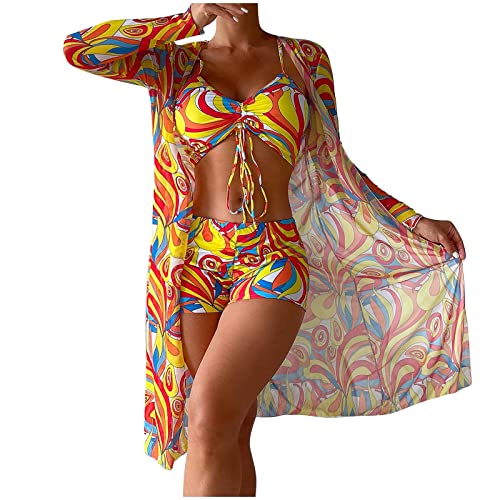 Saymany 3-teilige Anzüge für Damen Badeanzüge Bikini-Sets mit Cover-Ups Strickjacken Damen hawaiianische Bademode Blumendruck rückenfreier Bikini-Badeanzug Bademode-Set Strandponcho von Saymany