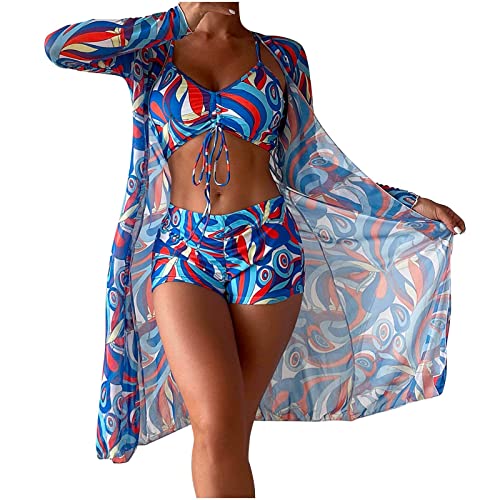 Saymany 3-teilige Anzüge für Damen Badeanzüge Bikini-Sets mit Cover-Ups Strickjacken Damen hawaiianische Bademode Blumendruck rückenfreier Bikini-Badeanzug Bademode-Set Strandponcho von Saymany