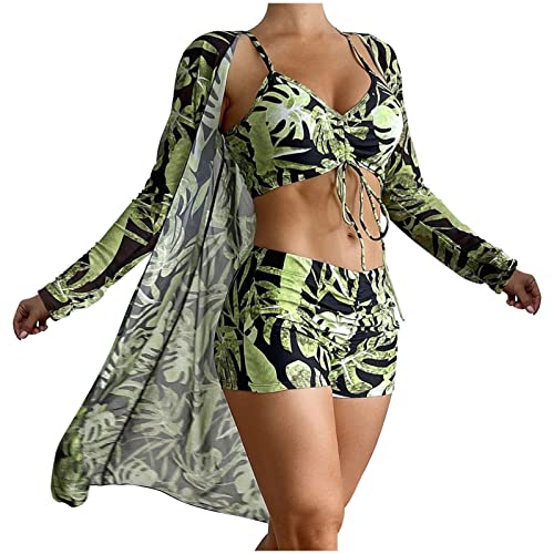 Saymany 3-teilige Anzüge für Damen Badeanzüge Bikini-Sets mit Cover-Ups Strickjacken Damen hawaiianische Bademode Blumendruck rückenfreier Bikini-Badeanzug Bademode-Set Strandponcho von Saymany