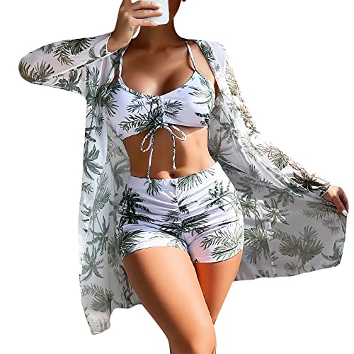 Saymany 3-teilige Anzüge für Damen Badeanzüge Bikini-Sets mit Cover-Ups Strickjacken Damen hawaiianische Bademode Blumendruck rückenfreier Bikini-Badeanzug Bademode-Set Strandponcho von Saymany