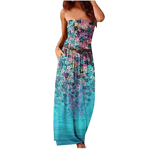 Saymany Kleider Damen Sommer Elegant Bandeau Kleid Damen Sommer Boho Sommerkleid Elegant Lang Freizeitkleid Trägerlos Ärmellos Party Strandkleid Boho Kleider Maxikleid mit Tasche Kleider(ohne Gürtel) von Saymany