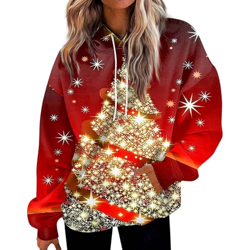 Saymany Sweatshirt Hoodie Damen Rundhals Weihnachtsbluse Sweatshirt Jacke Damen Mit Kapuze Weihnachts Pullover Langarmshirt Damen Sweatshirt Damen Oversized Damen Pulli Weihnachtsoutfit(5-Red,M) von Saymany