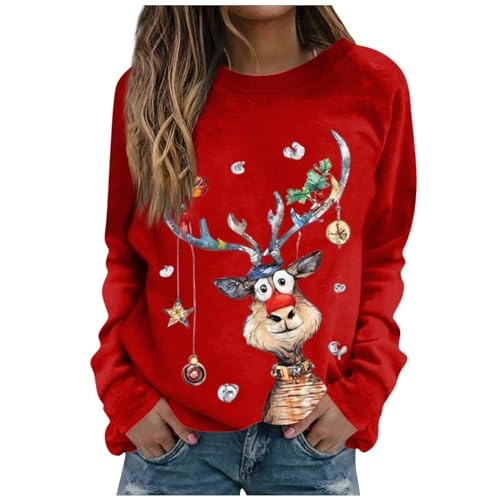 Saymany Weihnachts Sweatshirt Damen Weihnachtspullover Lustig Basic Rundhals Langarmshirt Pullover Casual Lose Sweatshirt Damen mit Weihnachtsmotiv Xmas Pullover Weihnachtspulli Teenager Mädchen von Saymany