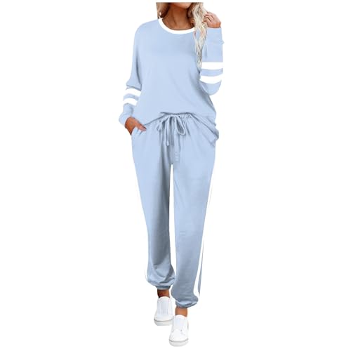 Schlaghose Damen Strick Homewear Damen Loungewear Damen Set Anzug Damen Hausanzug Damen Trainingsanzug Damen Anzug Damen Elegant 2 Teiler Jogginganzug Hausanzug Damen Kurzgröße(1-Sky Blue,L) von Saymany