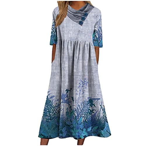 Sommerkleid für Damen Boho Kleid Lang Freizeitkleid Locker Strandkleid Mode A Line Strandkleider Mit Taschen Kurzarm Sommerkleider Elegant Falten Maxikleid Ballkleider Bedrucktes Blumenkleid von Saymany