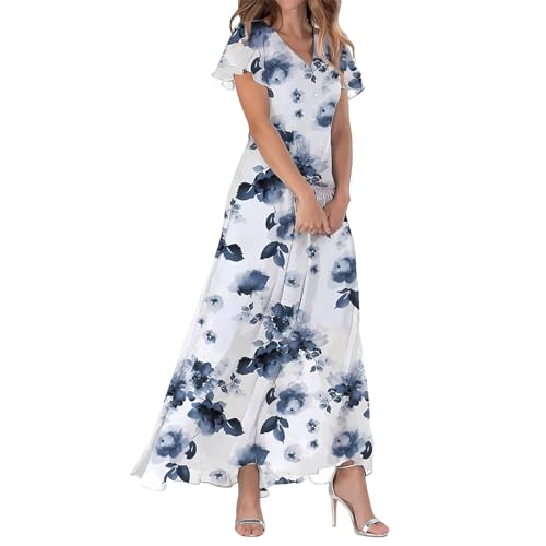 Sommerkleider Damen Lang Rüschen Kurzarm Midi Freizeitkleid Spaghettiträger Kleider Kurz Lang Strandkleid Damen Sommer Lang Sommerkleid Damen Leicht Und Luftig T-Shirt Kleid Damen(Royal Blue,XXL) von Saymany