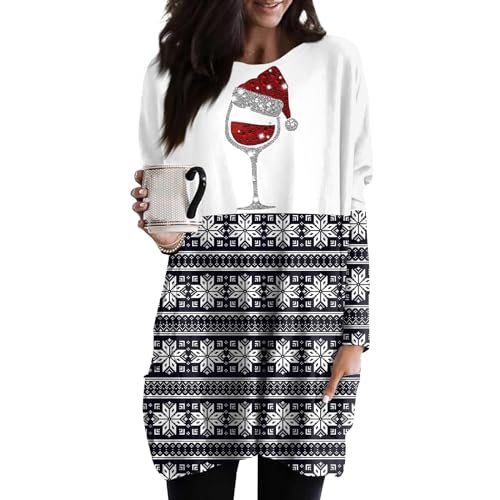 Weihnachtsshirt Damen Langarm Weihnachten Sweatshirt Winter Langarmshirt Weihnachtspullover mit Komisch Gedruckt Xmas Outfit Oversize Lang Sweatshirt Tops Pullover Mit Taschen von Saymany