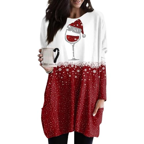 Weihnachtsshirt Damen Langarm Weihnachten Sweatshirt Winter Langarmshirt Weihnachtspullover mit Komisch Gedruckt Xmas Outfit Oversize Lang Sweatshirt Tops Pullover Mit Taschen von Saymany